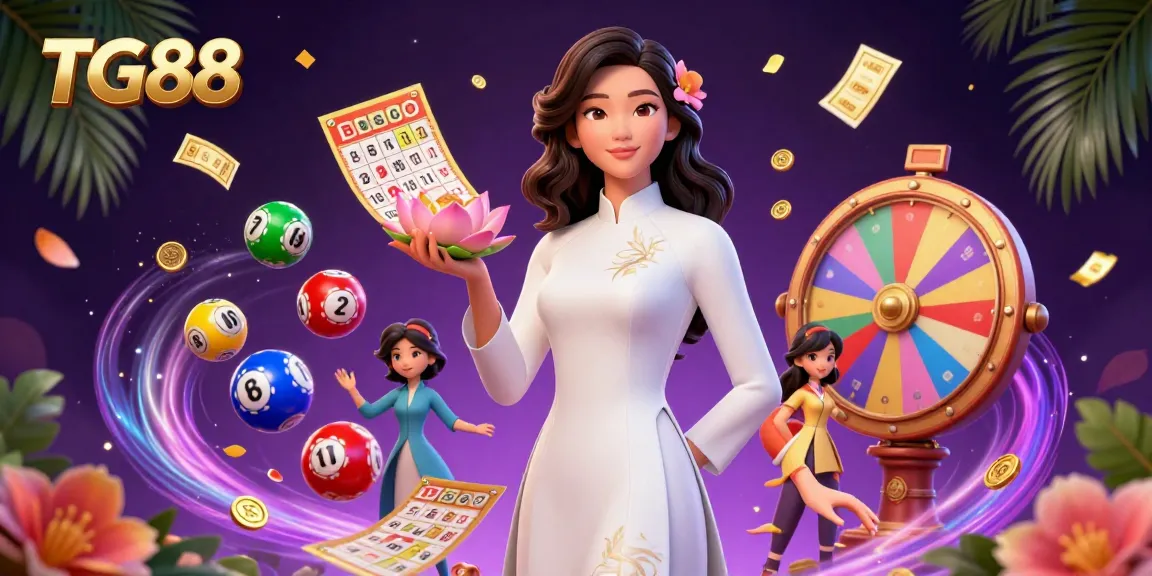 Experience the excitement of TG88 with vibrant lottery elements and a serene Vietnamese character.