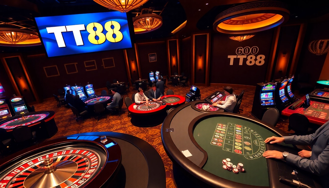 Exciting scene at TT88 casino with vibrant roulette and poker tables.