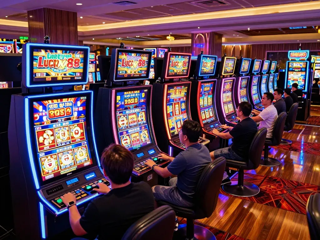 Players enjoying the Lucky88 slot machines in a vibrant casino environment, showcasing excitement and engagement.