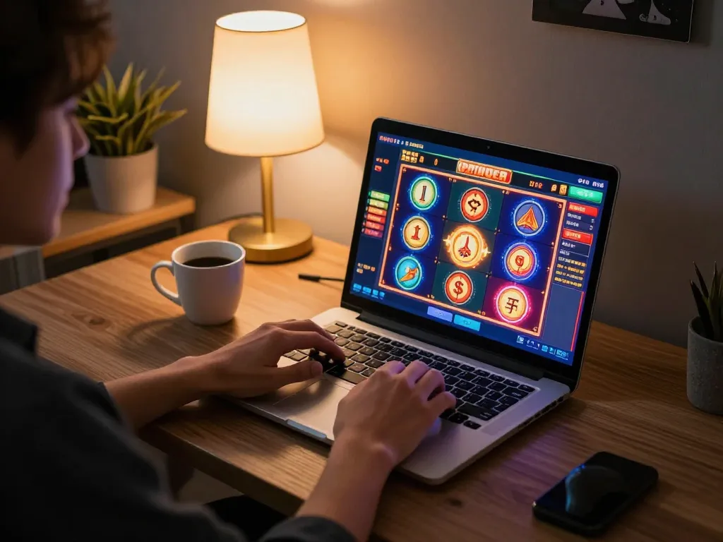 Player immerses in Hubet online casino gaming using a laptop with vibrant slot machine display