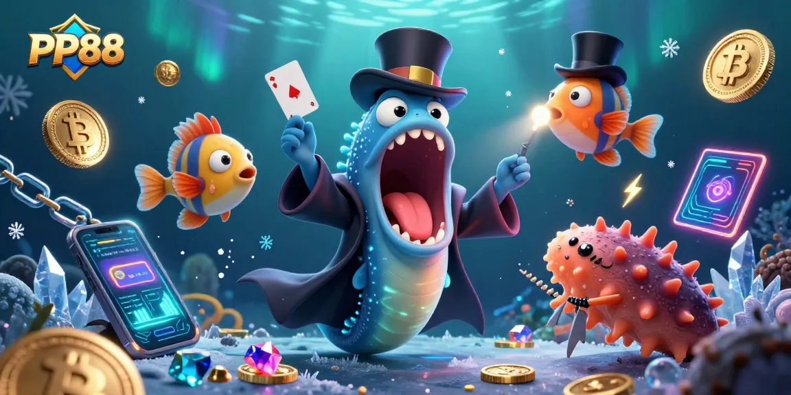 Engage in thrilling gameplay at PP88 with a magical underwater scene featuring a card trick performed by unique sea creatures.
