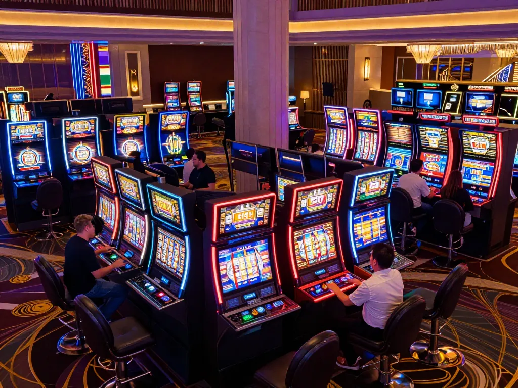 fly88 slot machines spinning with eager players in a lively casino atmosphere, showcasing vibrant gaming experiences