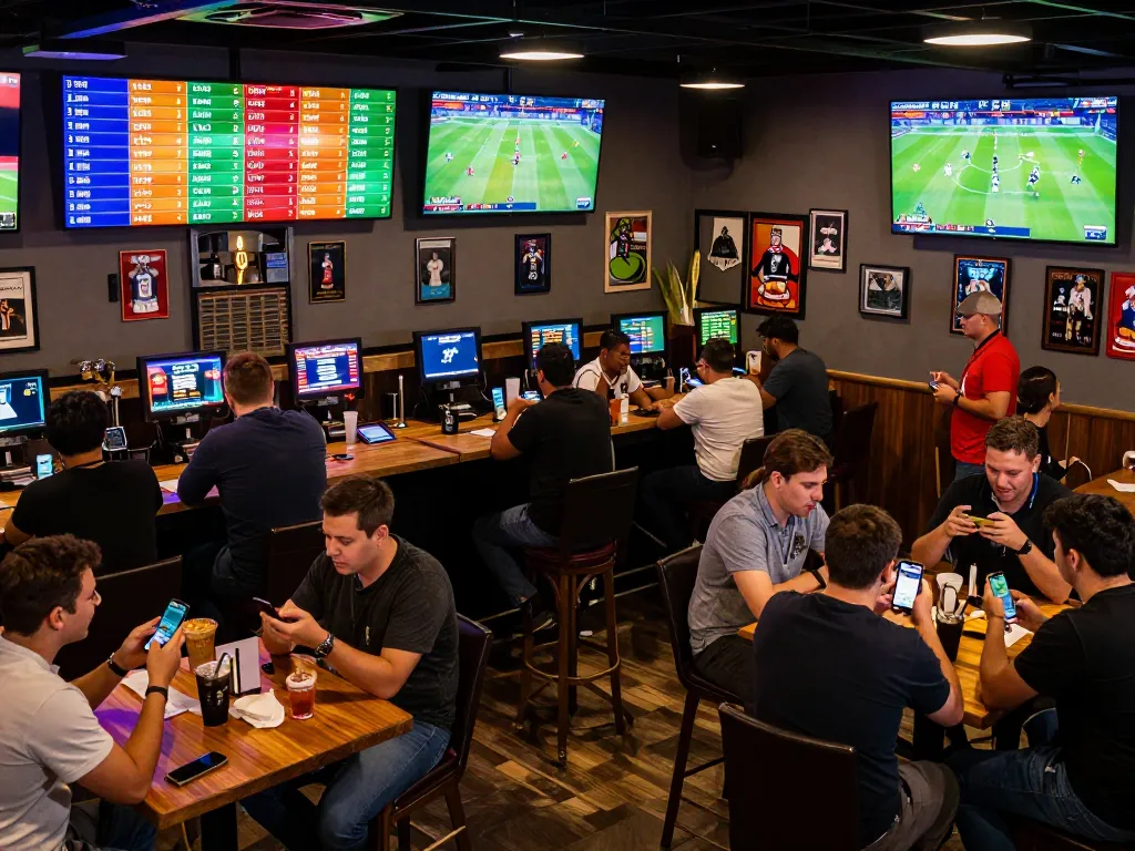 Excited patrons placing bets on smartphones in a vibrant sports bar atmosphere at vin88a.