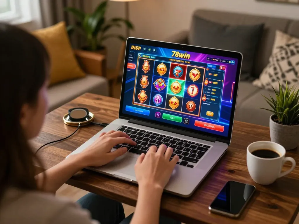 Engaging with exciting 78win online casino games on a cozy home setup.