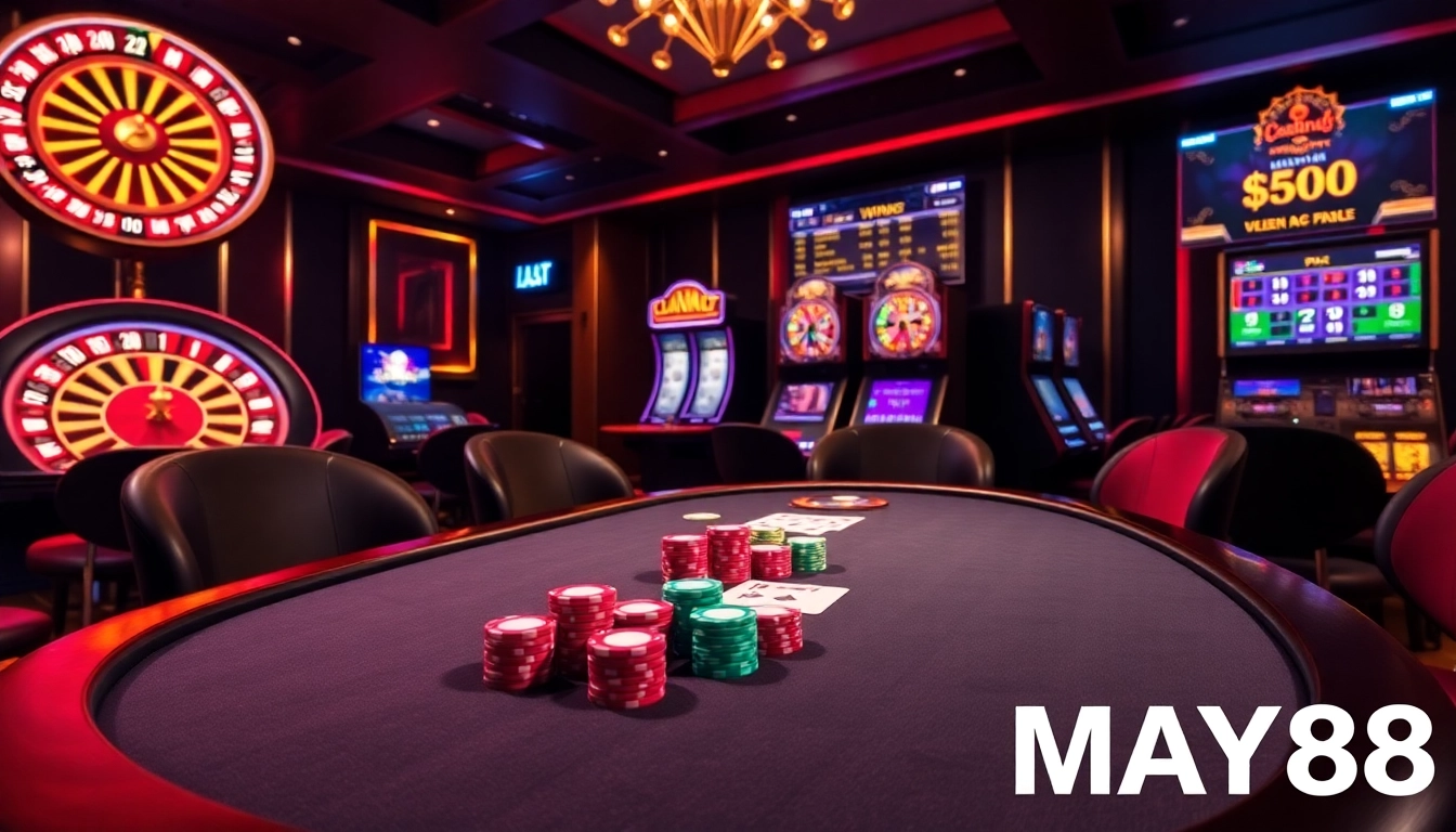 MAY88 online casino featuring vibrant poker chips and a glowing roulette wheel in an exciting gambling atmosphere.