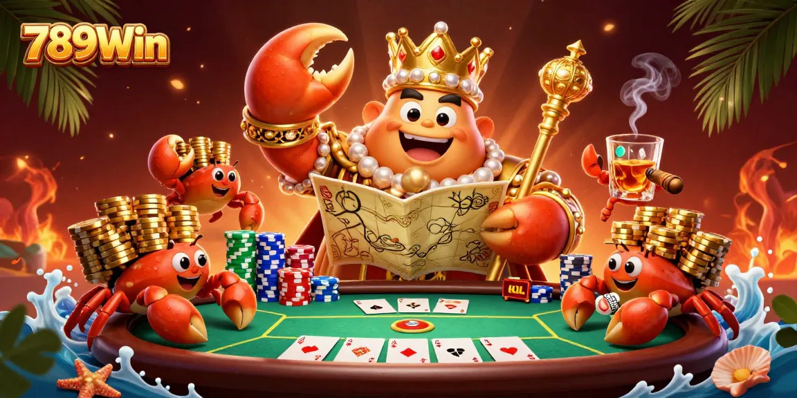 Engage with 789Win in this vibrant casino scene featuring a golden crab emperor amidst colorful poker elements.