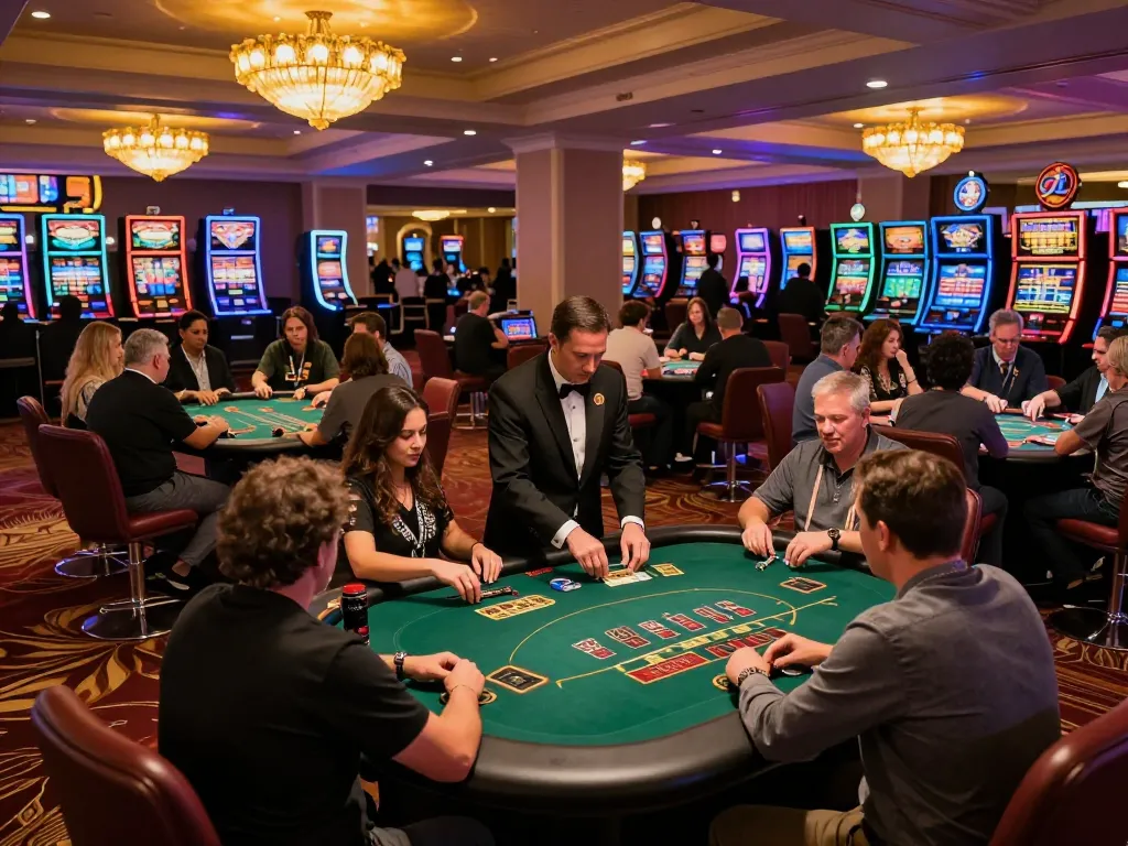 go8 players strategizing their bets at a dynamic blackjack table in a vibrant casino