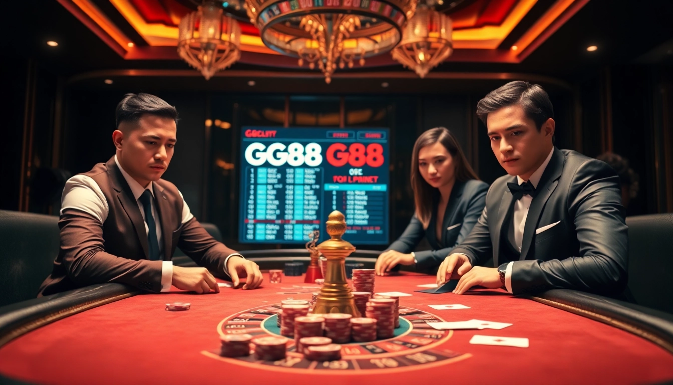 Players engaging in a high-stakes poker game at GG88 casino with vibrant chips and cards.