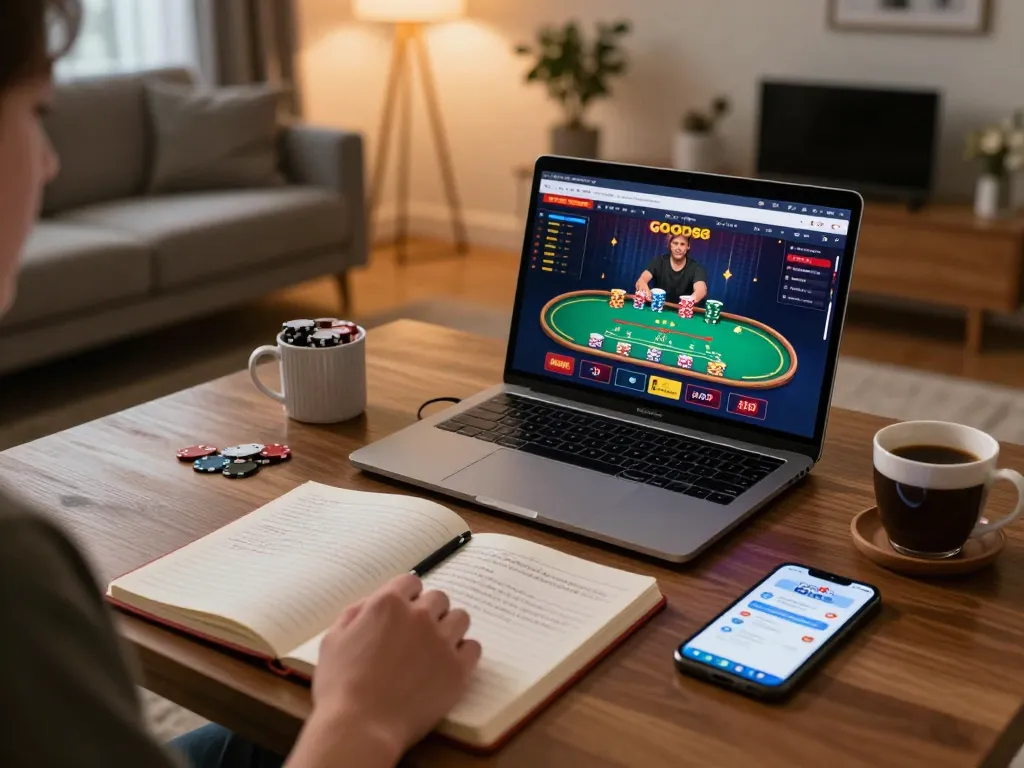 Player strategizing on good88 online casino game using laptop while tracking bets with notes