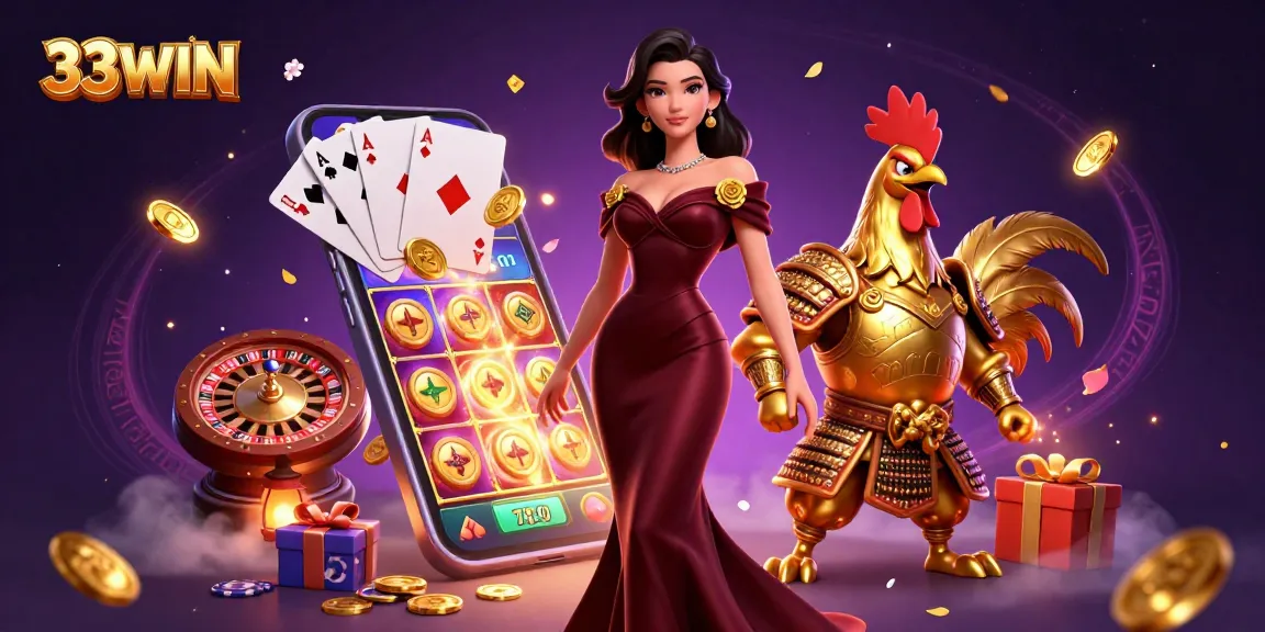 Engage in thrilling gameplay with 33WIN, featuring vibrant slot machines and a glamorous atmosphere.