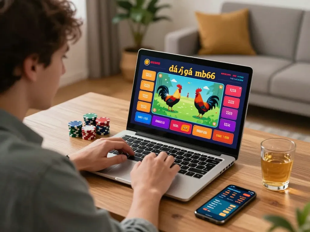 Engaged player interacting with đá gà mb66 online betting interface on a stylish home setup.