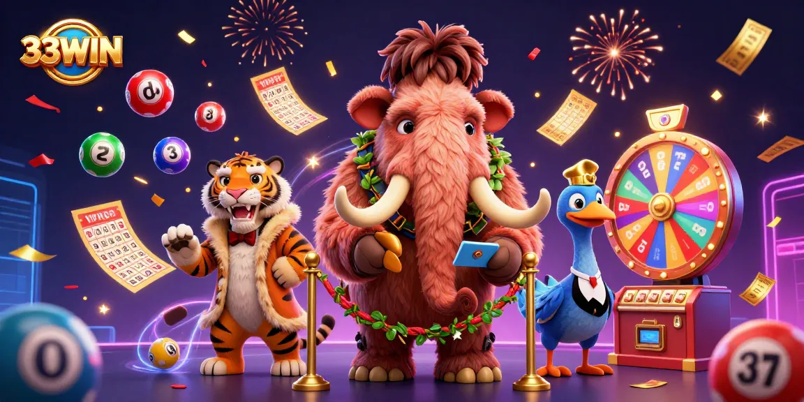 Experience the excitement of 33WIN with vibrant lottery scenes and engaging casino characters.