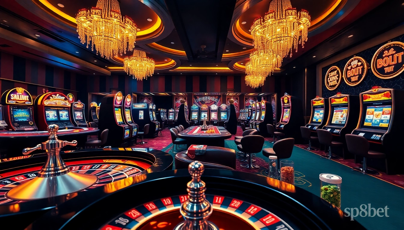 Experience the excitement of sp8bet with vibrant casino tables and colorful chips in a luxurious setting.