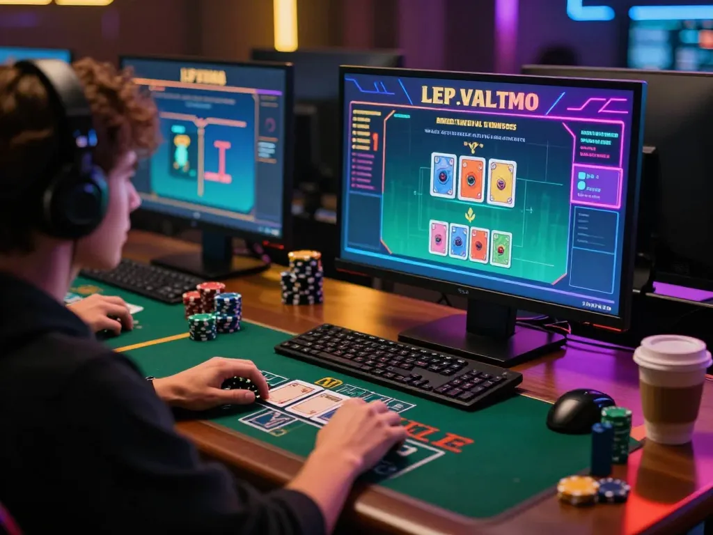 VIN88 user engaged in live dealer blackjack on a sleek computer, vibrant gaming atmosphere