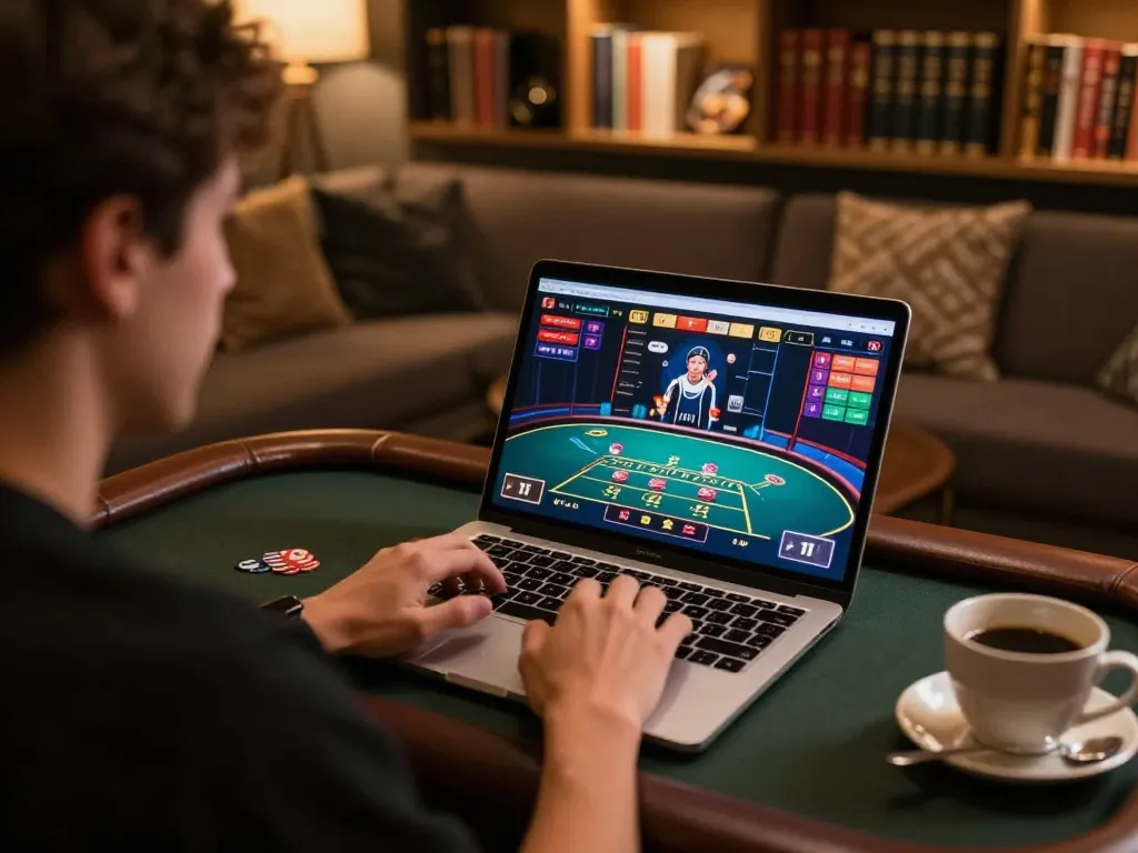 tv88 player engaged in online blackjack on a laptop in a cozy atmosphere focusing on strategies