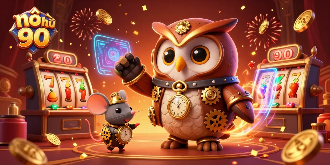 Nổ hũ 90 slots scene featuring lucky symbols, time-traveler owl, and festive casino elements.