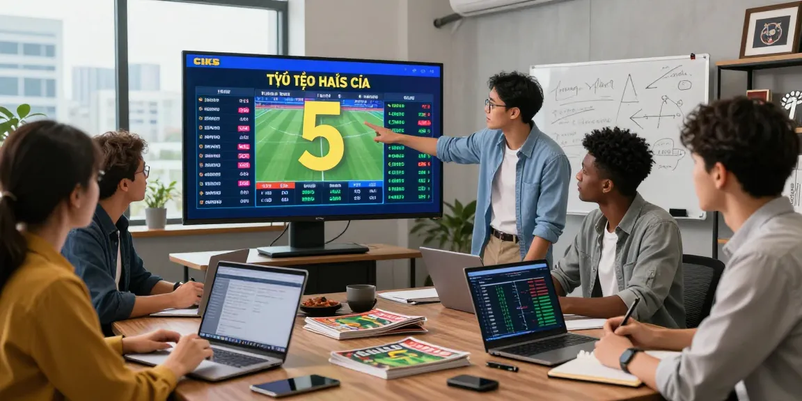 Dynamic sports betting analysis scene showcasing tỷ lệ kèo nhà cái 5 with analysts reviewing live odds and statistics in a modern office environment.