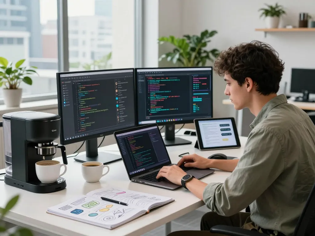 AI developer working on spicy chat ai application in a modern tech workspace with dual monitors and natural light.