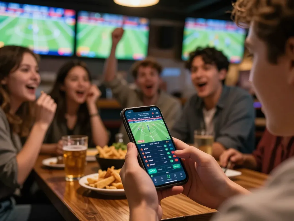 Gambling excitement at https://fabet.you/ with friends betting on a live sports event in a lively bar atmosphere.
