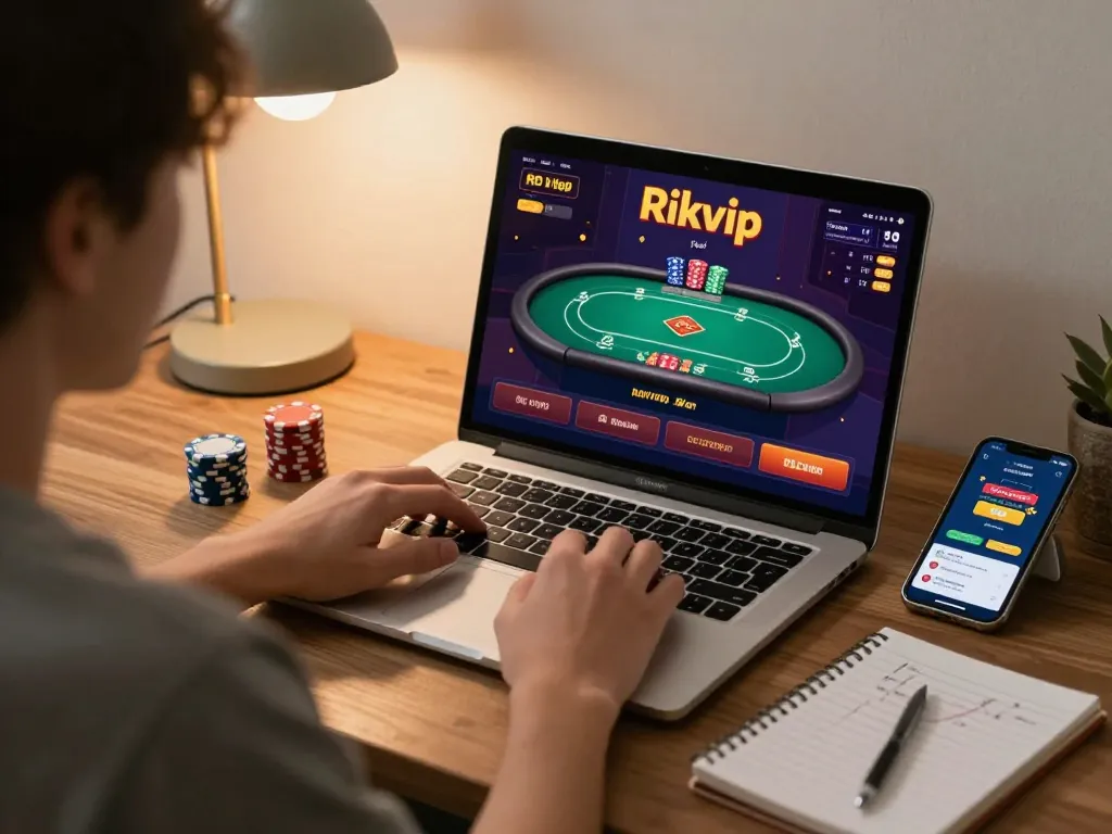 Engaging in Rikvip online gaming on a laptop while strategizing with notes.