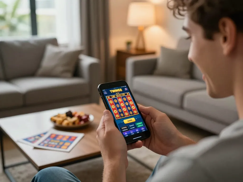 TWIN68 player enjoys a winning moment using mobile app in cozy home setting
