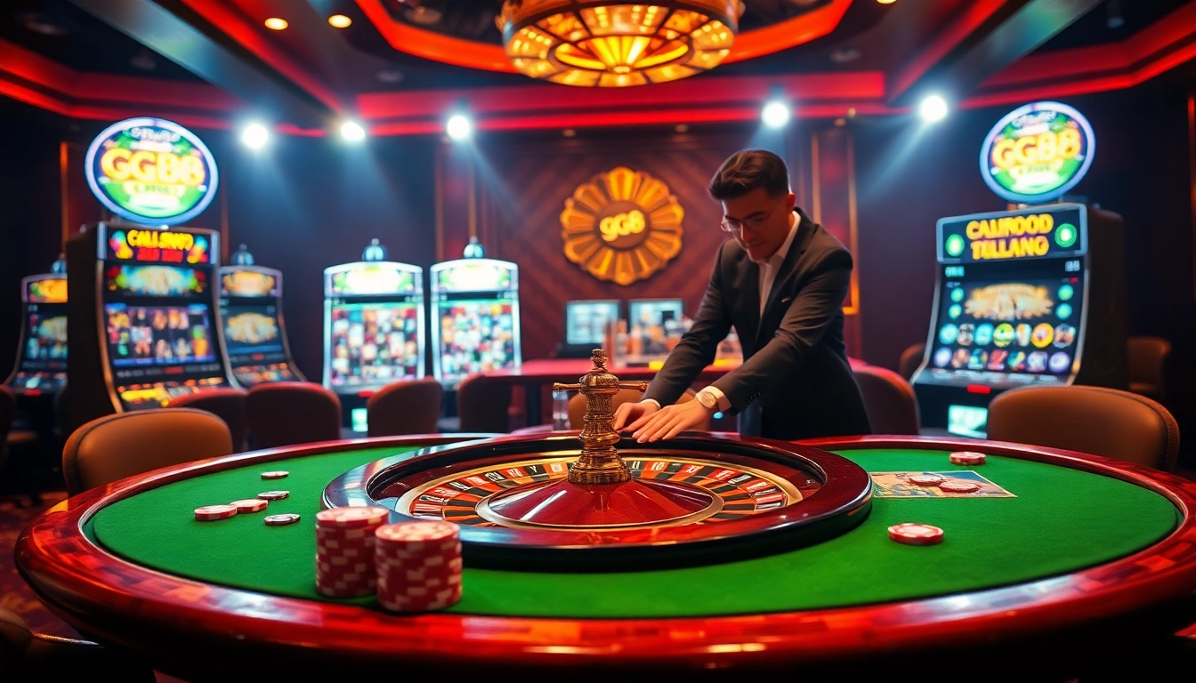 Exciting GG88 gaming experience with vibrant casino tables, chips, and a roulette wheel.