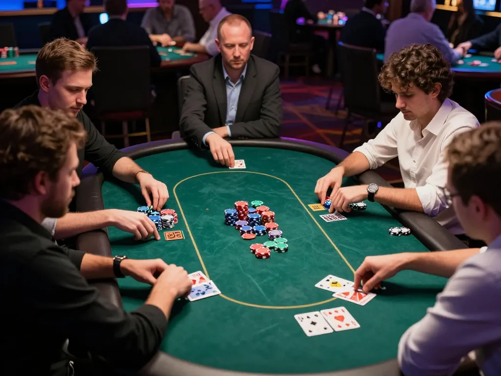 Fabet players engaging in an intense poker game, showcasing strategy and excitement at the casino table