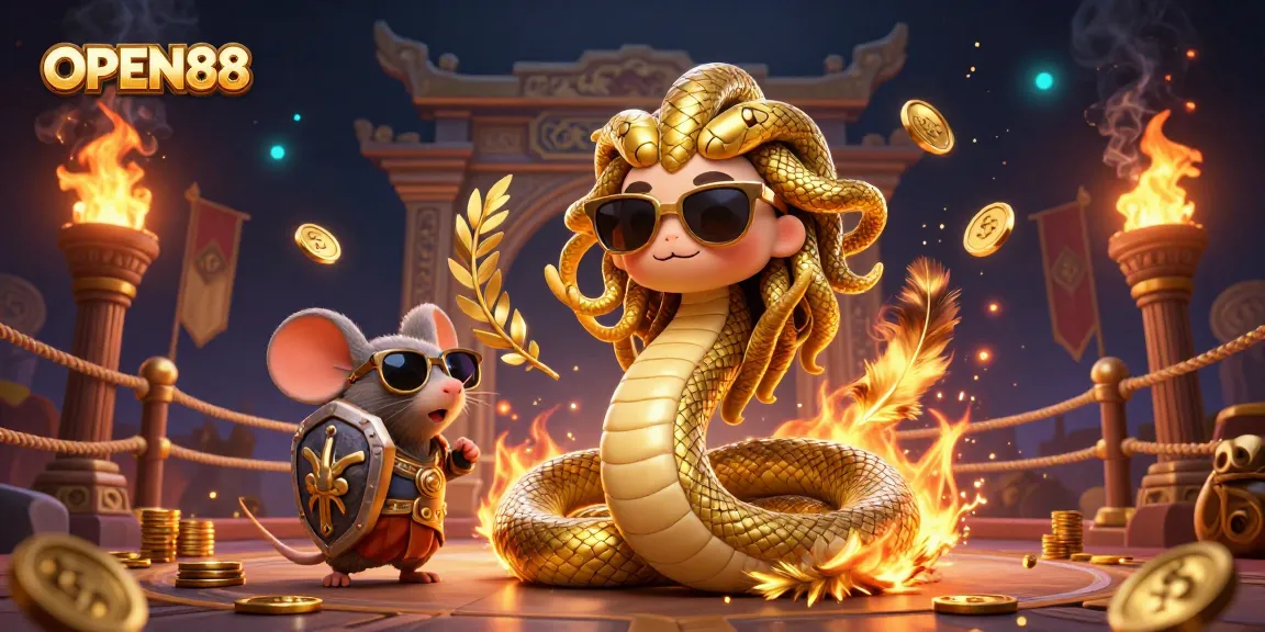 Engage with the thrilling atmosphere of OPEN88, featuring a vibrant scene with Medusa and a warrior mouse, ideal for casino excitement.