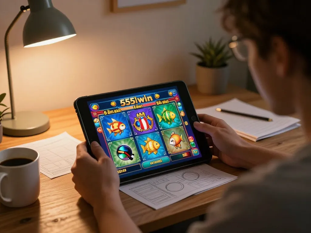 Engaging online gameplay at 555win with bắn cá game on a tablet in a cozy living space.