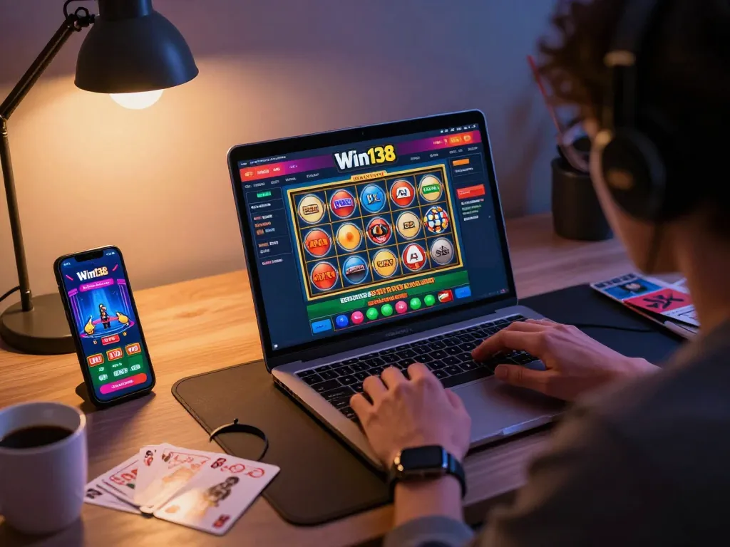 Engaging gameplay at Win138 online casino on a laptop, showcasing slots and live dealer games