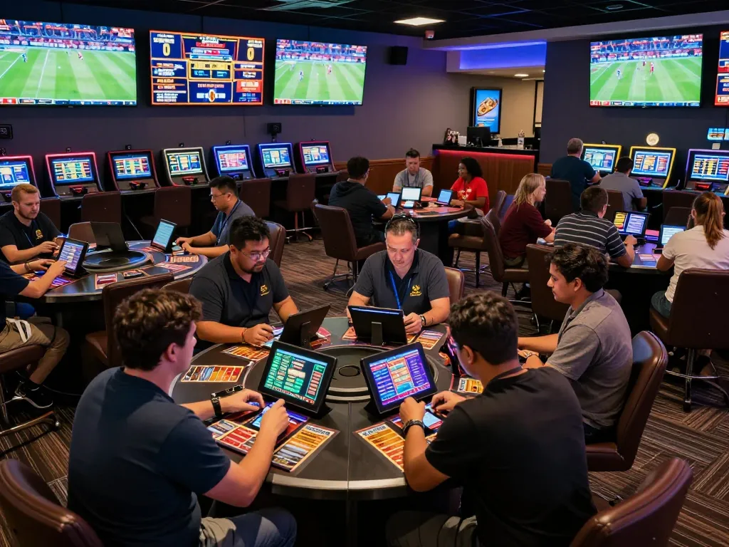 TA88 sports betting area featuring enthusiastic bettors analyzing live odds on screens