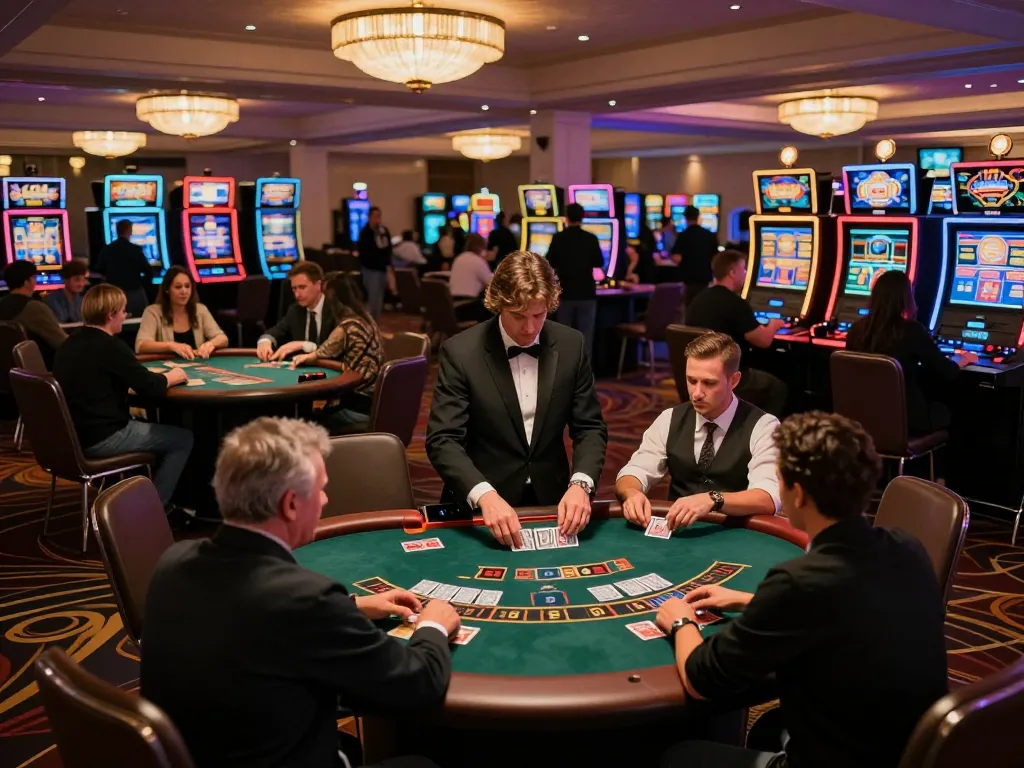 Players enjoying blackjack at a manclub casino, surrounded by vibrant gaming atmosphere.