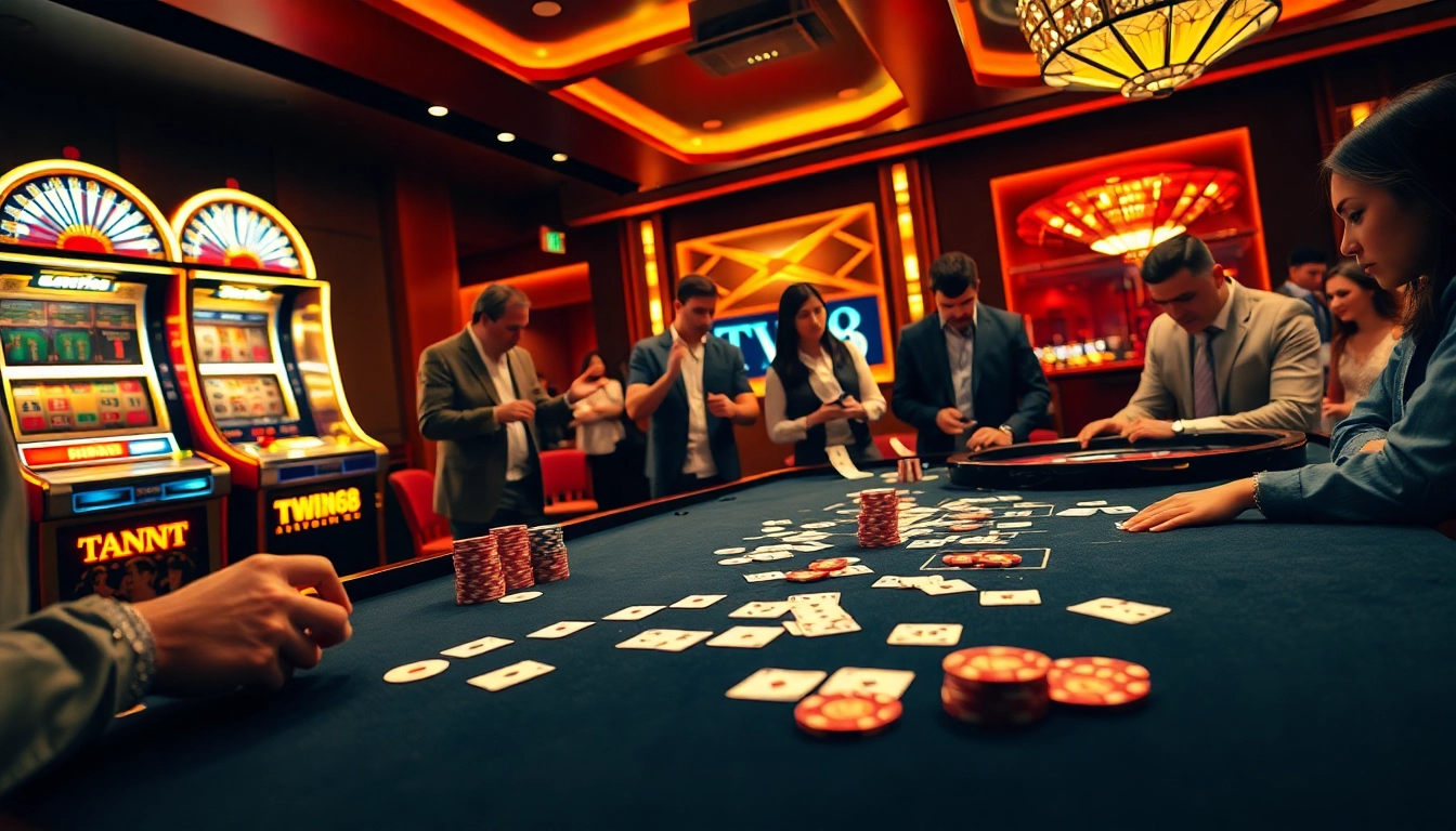 TWIN68 casino scene showcasing intense poker, dice throwing, and thrilling slot machines.