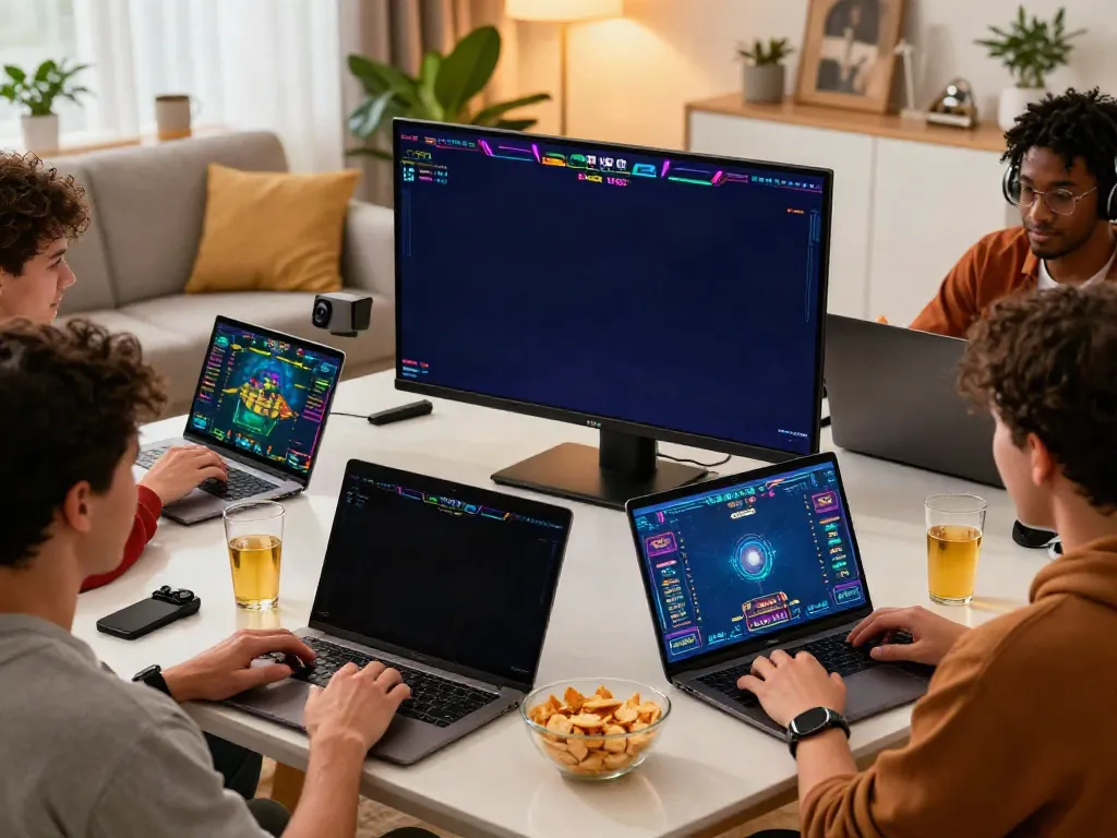 Online gaming scene showing players enjoying games at https://nbet.page/ with vibrant visuals and a cozy setting.