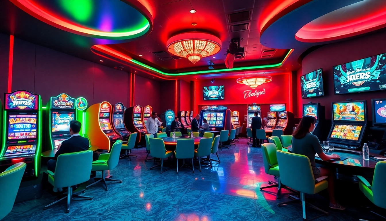 Hitclub gaming environment with vibrant players, modern slot machines, and live dealer tables.