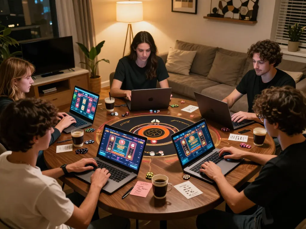Players enjoying online casino games on laptops and tablets at home, highlighting https://rr88.select/ for strategic gameplay