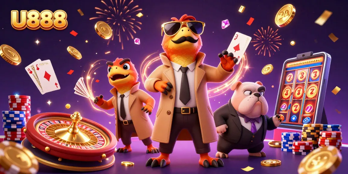 Enter the vibrant world of U888 as raptors hilariously attempt VIP casino entry amidst gold coins and colorful poker chips.