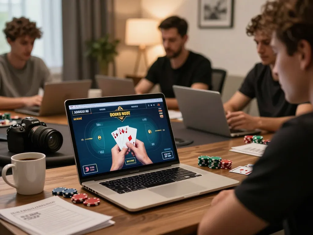 Engaging in an online poker game at 11bet with focused gameplay and strategy notes in a modern home setting.