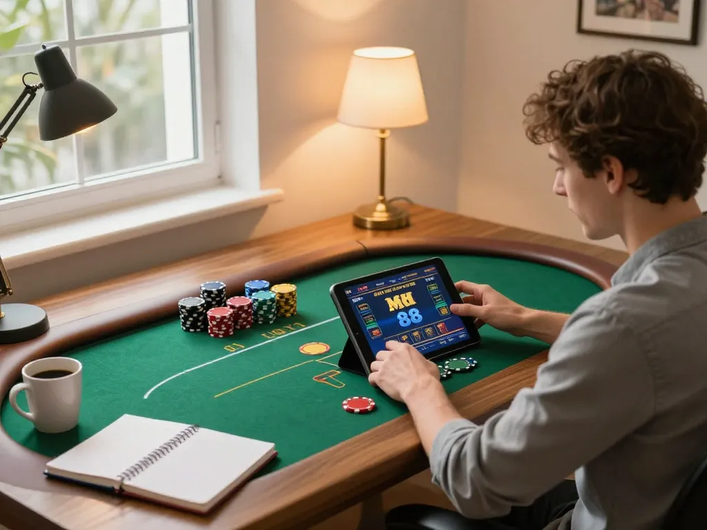 Player enjoying mm 88 online poker on tablet in a cozy home office.