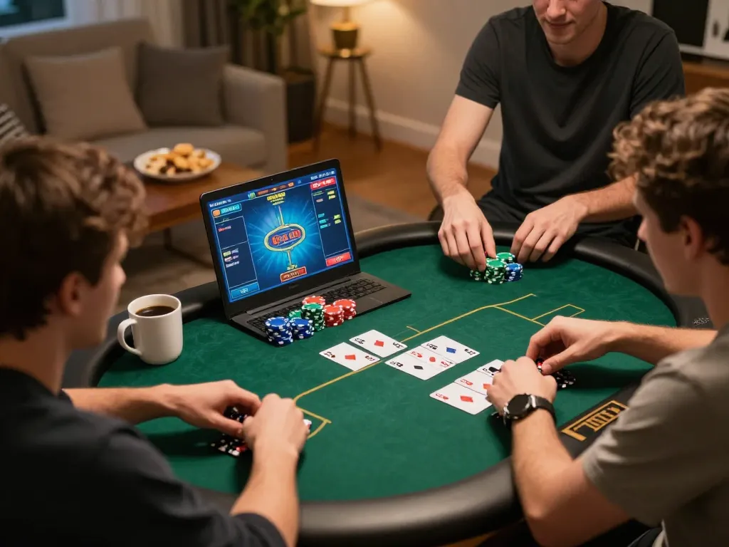 Players enjoying poker at home through alo8's online platform, showcasing engaging gameplay and cozy atmosphere.