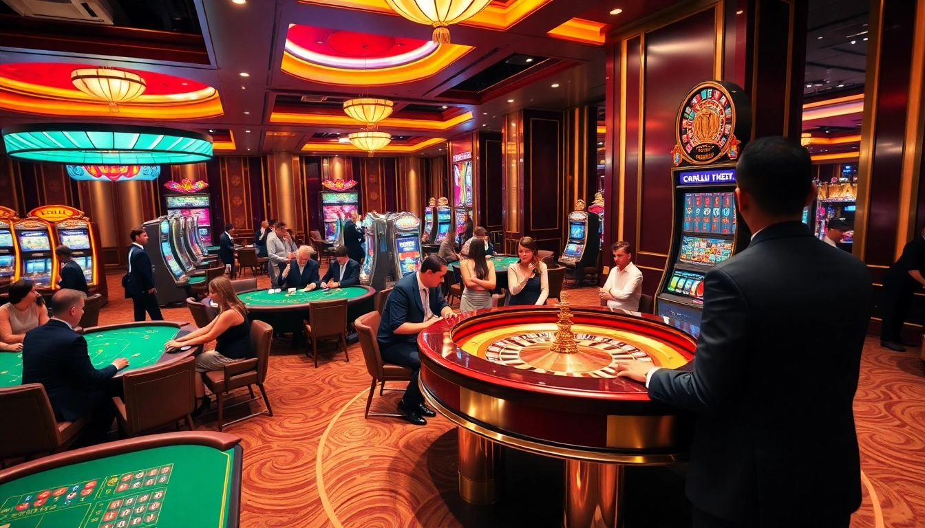 Exciting rr88 dang nhap casino scene with players at blackjack and roulette tables and a vibrant slot machine.
