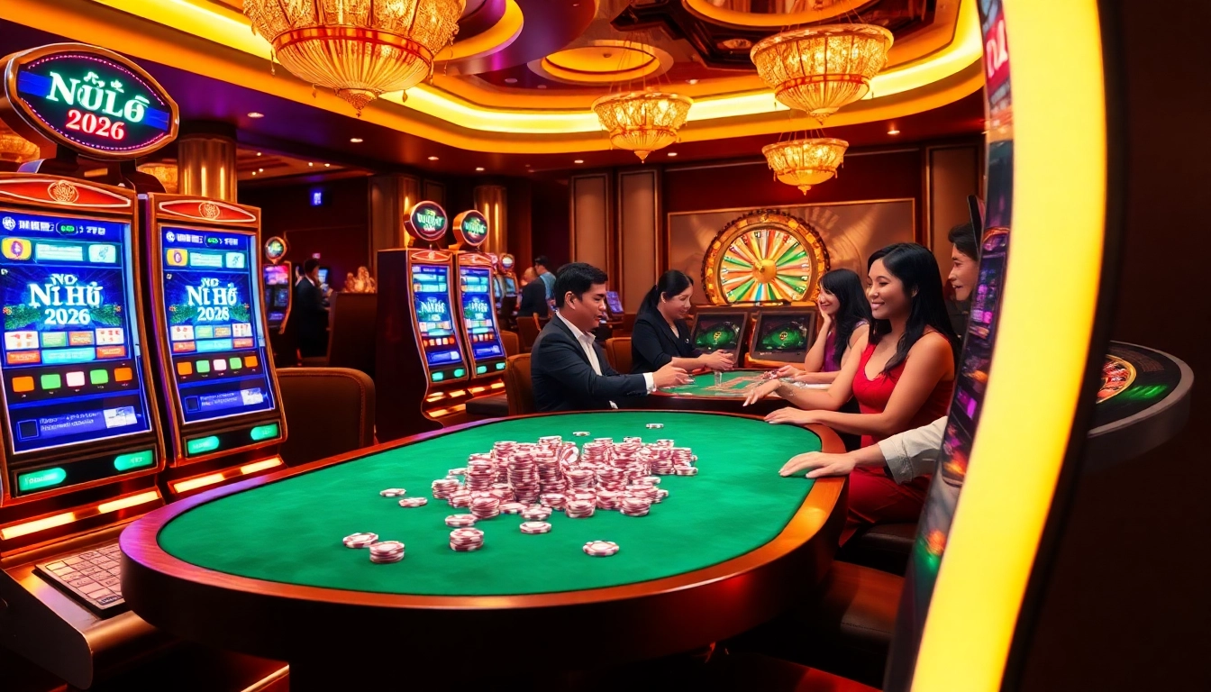 Nổ Hũ 2026 gaming excitement with luxurious slot machines and colorful poker chips.