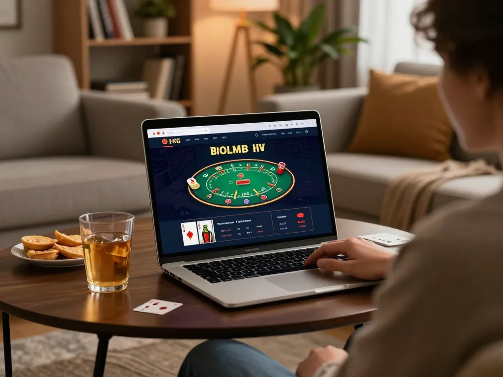 open88 online blackjack game interface displayed on a laptop in a cozy living room during a gaming session.