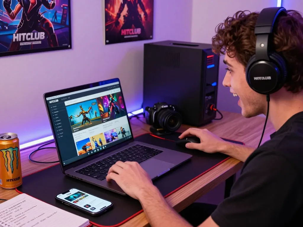 Engaged gamer enjoying the HITCLUB online gaming platform with vibrant atmosphere and accessories.