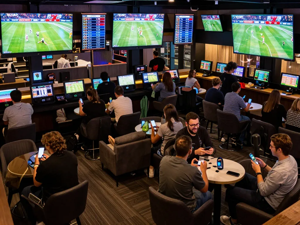 Fans reviewing kết quả bóng đá in a vibrant sports betting lounge with multiple screens