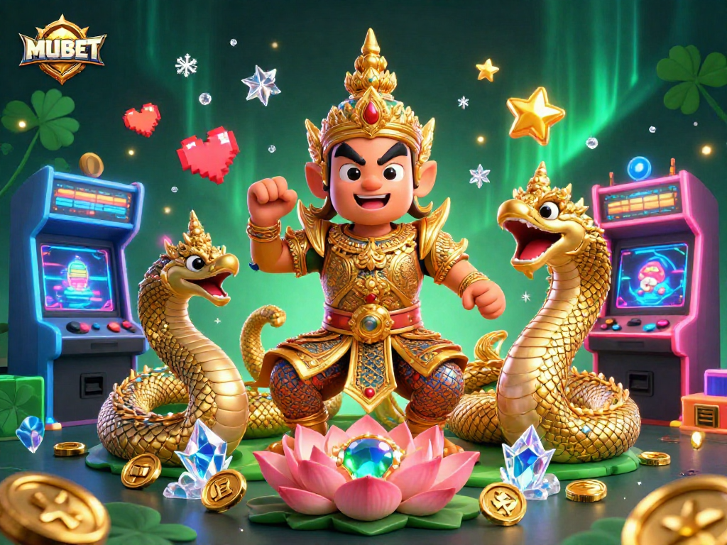 MUBET offers vibrant gameplay with Thai guardian and Naga in a casino-themed digital scene.