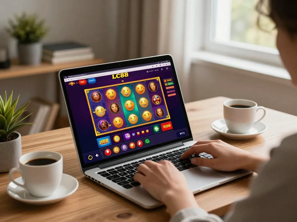 Engaging online gameplay at LC88 casino, featuring vibrant slot games on a laptop.