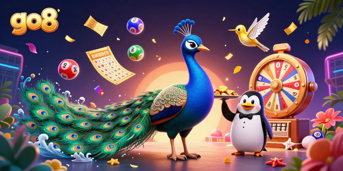 go8 offers vibrant gaming adventure with colorful lottery elements, peacock and penguin in a fun casino scene.
