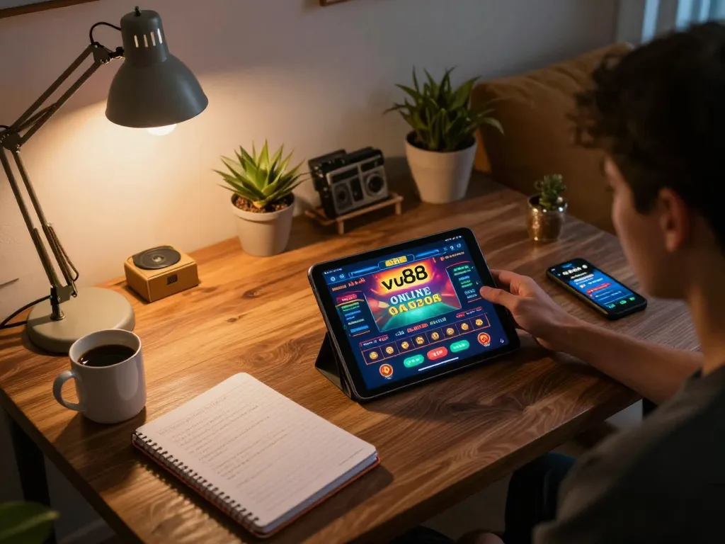 Person using vu88 casino app on a tablet at home during a gaming session