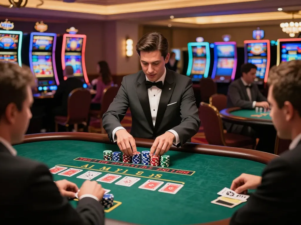 Players thrill at the blackjack table in a vibrant casino, with bets and cards in action, highlighting DAGA gaming strategies.